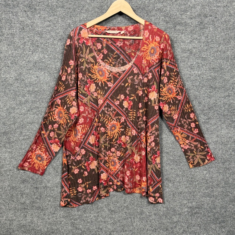 Soft Surroundings Plus Size 1X Alisanna Tunic Sweater Top Brown Floral‎ Rib Knit